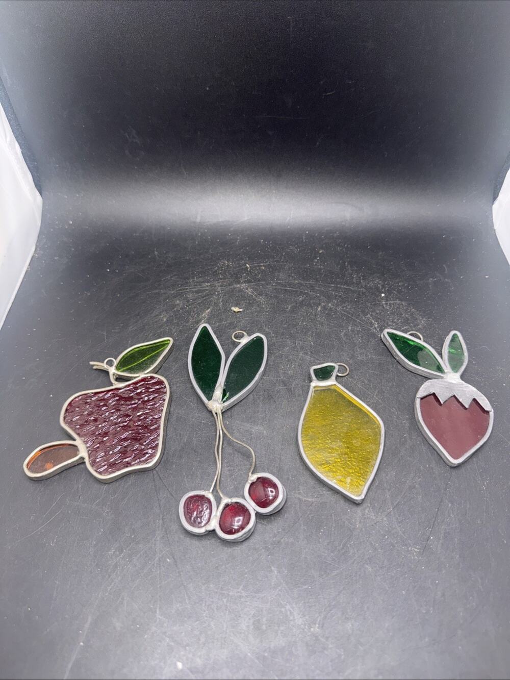 Lot 4 Stained Glass Fruit Suncatchers Cherry Apple Lemon Strawberry Decor